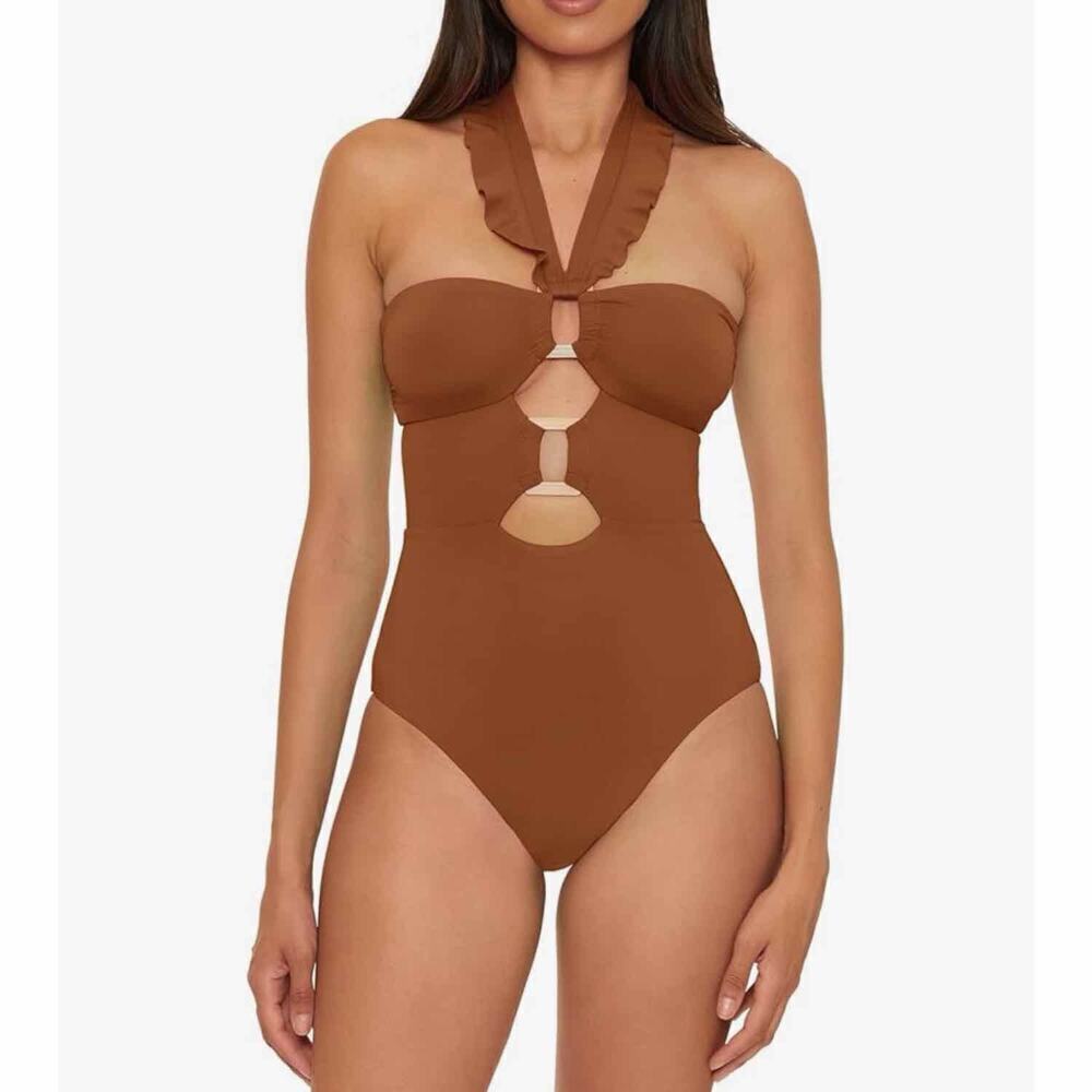 Soluna Swim Standard Buckle Up One Piece Bandeau Swimsuit Medium Bronze